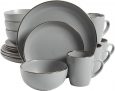 Gibson Home – Vajilla Rockaway redonda de gres, servicio para 4 (16 piezas), borde gris y dorado